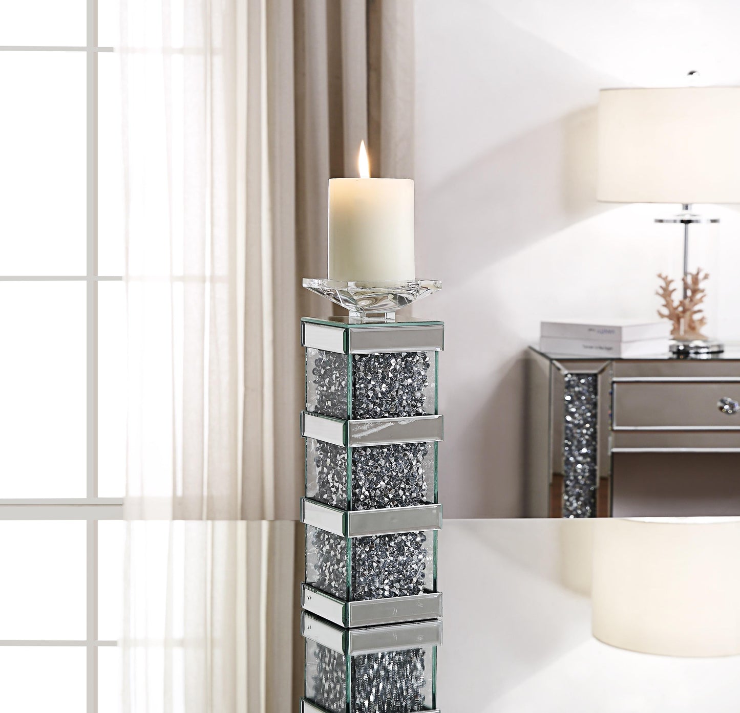 Bougeoir Noralie avec effet miroir et faux diamants