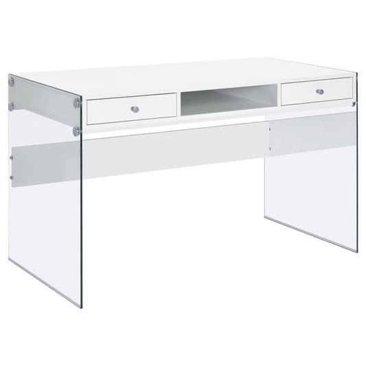 Bureau Dobrev à 2 tiroirs, blanc brillant et transparent