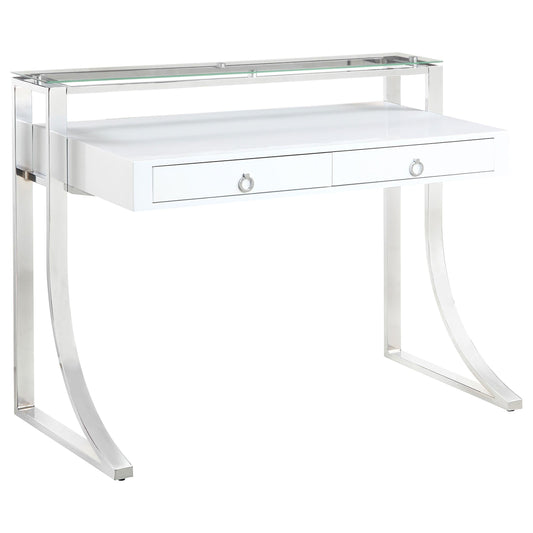 Bureau Gemma à 2 tiroirs, blanc brillant et chrome