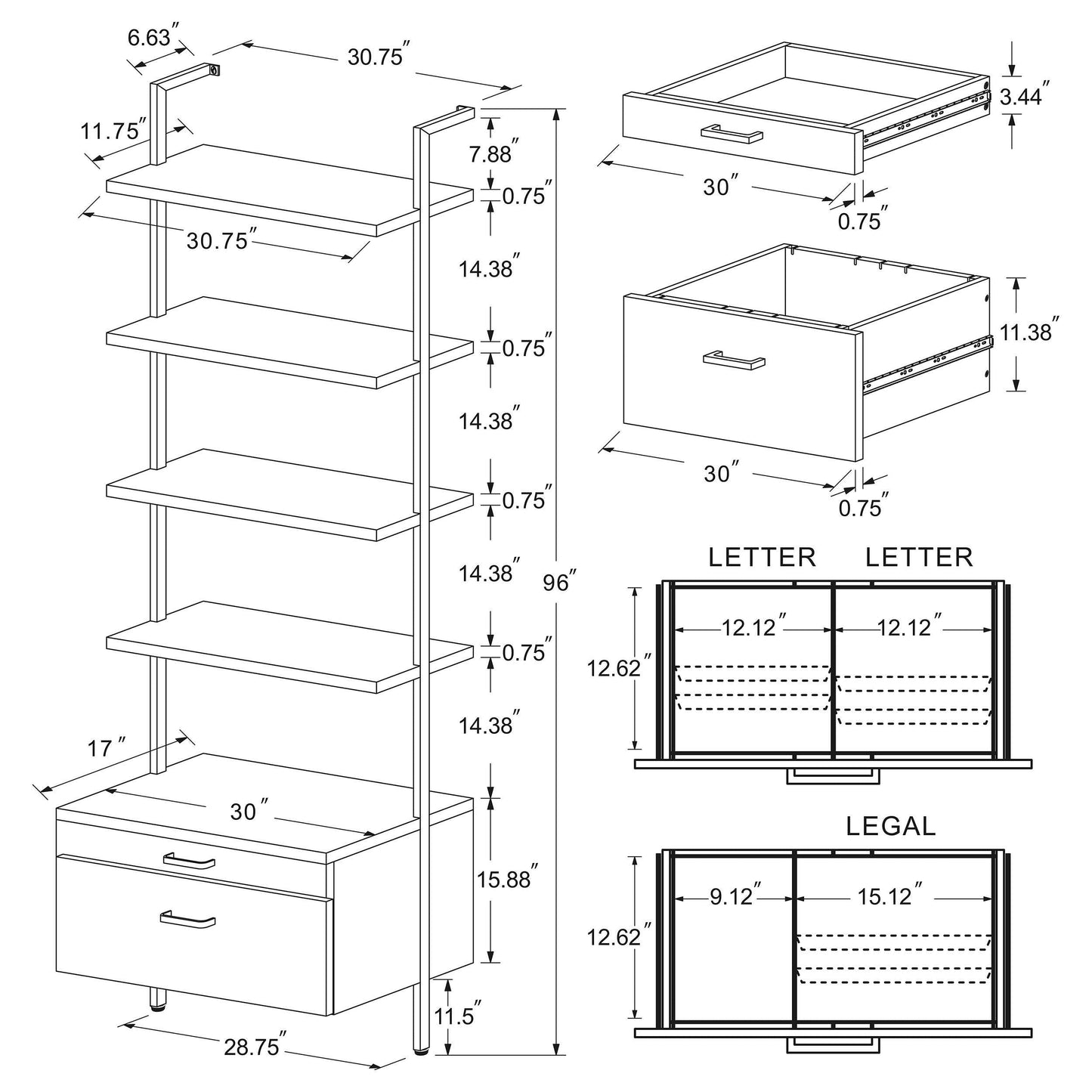 Ensemble de bibliothèques murales Owens 3 pièces de 96 pouces en noyer