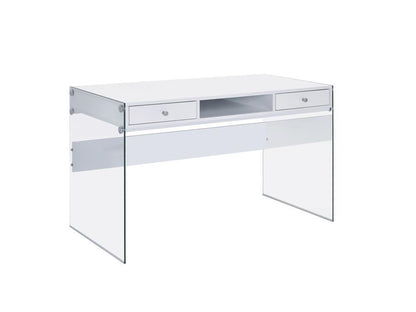 Bureau Dobrev à 2 tiroirs, blanc brillant et transparent